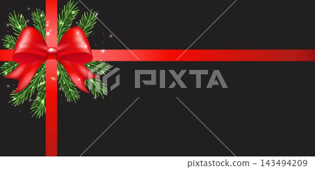 Shiny red satin ribbon with pine on black background Shiny red satin ribbon with pine on black background 143494209