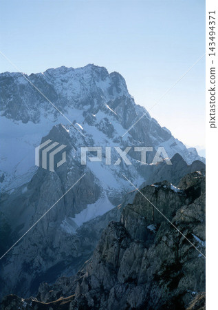 Snowy Mountain Peak Panorama - Zugspitze, Germany Snowy Mountain Peak Panorama - Zugspitze, Germany 143494371