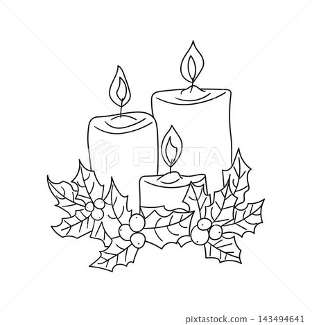 Candles and holly vector linear illustration Candles and holly vector linear illustration 143494641