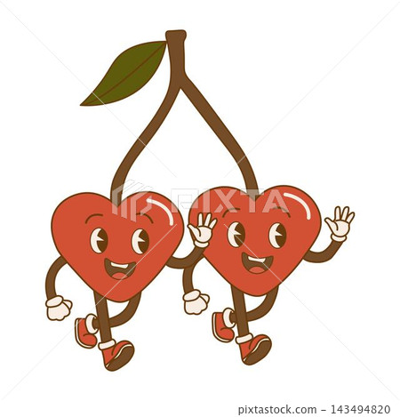 Funny couple of cherries in form of hearts in retro style. Happy Valentines day. Love illustration in flat design. Two 70s happy berries in shape of hearts. Isolated on white background Funny couple of cherries in form of hearts in retro style. Happy Valentines day. Love illustration in flat design. Two 70s happy berries in shape of hearts. Isolated on white background 143494820