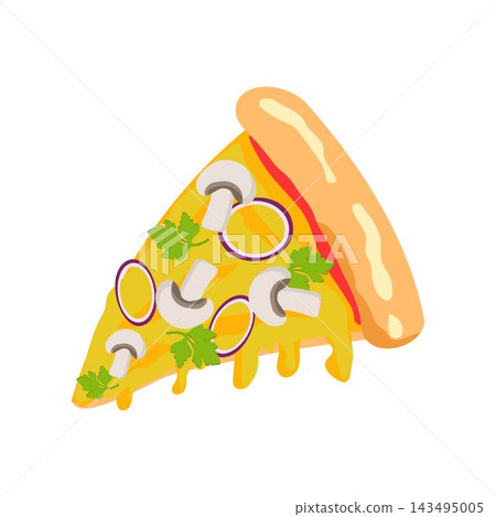 Slice of pizza with mushrooms herbs onions and cheese Slice of pizza with mushrooms herbs onions and cheese 143495005