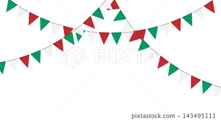 Green, white and red flag garland. Triangle pennants chain. Party decoration. Celebration flags for decor 143495111