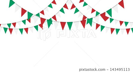 Green, white and red flag garland. Triangle pennants chain. Party decoration. Celebration flags for decor Green, white and red flag garland. Triangle pennants chain. Party decoration. Celebration flags for decor 143495113