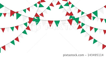 Green, white and red flag garland. Triangle pennants chain. Party decoration. Celebration flags for decor Green, white and red flag garland. Triangle pennants chain. Party decoration. Celebration flags for decor 143495114