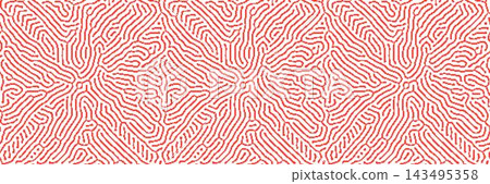 Seamless red turing reaction diffusion pattern with organic maze labyrinth lines.Perfect for bold fabric printing, streetwear, science themed packaging and modern graphic design Seamless red turing reaction diffusion pattern with organic maze labyrinth lines.Perfect for bold fabric printing, streetwear, science themed packaging and modern graphic design 143495358
