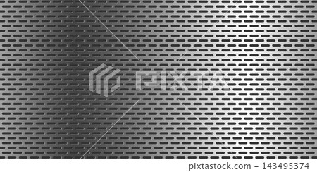 Silver perforated metal plate texture with oval rounded slots and brushed chrome gradient sheen, perfect for industrial, automotive, tech and speaker grille design 143495374