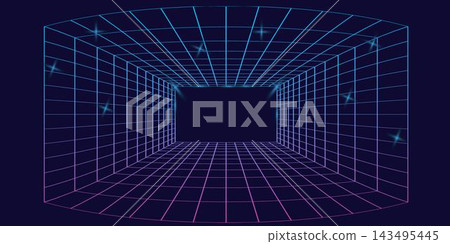 Retro futuristic neon grid tunnel background with cyan pink gradient wireframe and sparkle stars, ideal for synthwave posters, gaming design, music covers and cyberpunk visuals. Retro futuristic neon grid tunnel background with cyan pink gradient wireframe and sparkle stars, ideal for synthwave posters, gaming design, music covers and cyberpunk visuals. 143495445