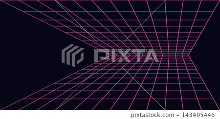 Retro futuristic neon pink wireframe grid perspective on dark background, ideal for synthwave posters, gaming design, music covers and cyberpunk visuals Retro futuristic neon pink wireframe grid perspective on dark background, ideal for synthwave posters, gaming design, music covers and cyberpunk visuals 143495446