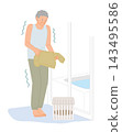 A senior man shivering in a cold changing room, a risk of heat shock, while getting dressed. 143495586