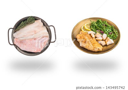 Raw perch fillets in a dark pan beside cooked fish with salad and lemon floating above soft shadows on white Raw perch fillets in a dark pan beside cooked fish with salad and lemon floating above soft shadows on white 143495742