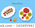 Fresh ripe tomatoes varieties on plates over blue checkered tablecloth illustration 143495941