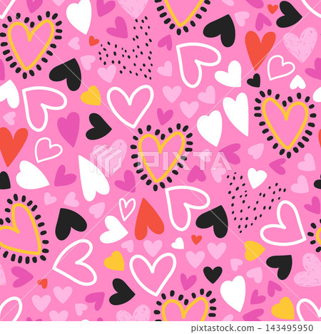 Colorful Hand Drawn Doodle Hearts Seamless Pattern on Pink background. Vector Valentine texture. 143495950