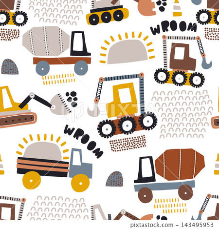 Cute cartoon cars,textures and construction machines seamless pattern. Vector transport and city street background for nursery wallpaper, kids clothing, fabric print Cute cartoon cars,textures and construction machines seamless pattern. Vector transport and city street background for nursery wallpaper, kids clothing, fabric print 143495953