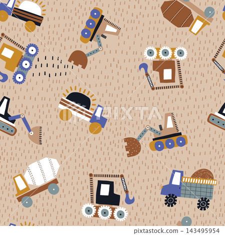 Cute cartoon cars and construction machines seamless pattern. Vector transport and city street beige background for nursery wallpaper, kids clothing, fabric print. Cute cartoon cars and construction machines seamless pattern. Vector transport and city street beige background for nursery wallpaper, kids clothing, fabric print. 143495954