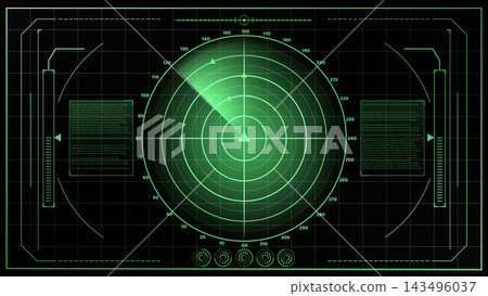 Military radar screen with green HUD interface Military radar screen with green HUD interface 143496037