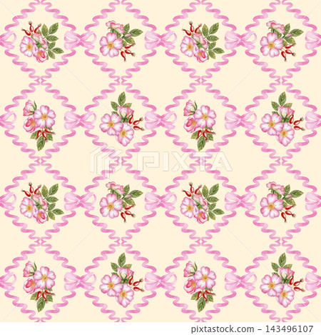 Watercolor seamless pattern with pink rosehip flowers, berries, decorative ribbons. Classic damask style botanical print for vintage textile, wedding design, fabric, packaging, wallpaper, herbal tea Watercolor seamless pattern with pink rosehip flowers, berries, decorative ribbons. Classic damask style botanical print for vintage textile, wedding design, fabric, packaging, wallpaper, herbal tea 143496107