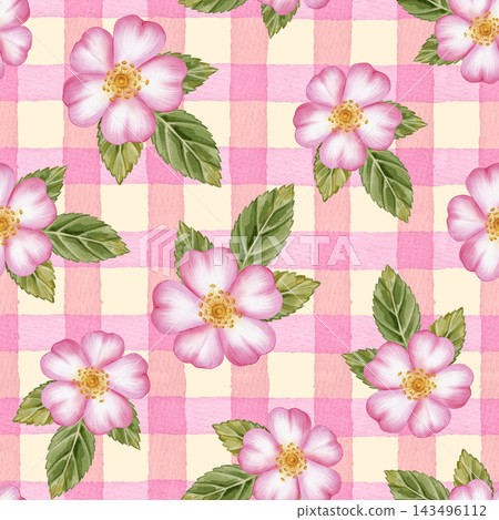Watercolor seamless pattern with pink rosehip flowers, berries and vertical stripes. Hand drawn cute floral background for baby textile, nursery decor, paper, fabric, packaging, wallpaper, herbal tea Watercolor seamless pattern with pink rosehip flowers, berries and vertical stripes. Hand drawn cute floral background for baby textile, nursery decor, paper, fabric, packaging, wallpaper, herbal tea 143496112