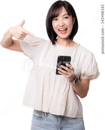 Happy asian woman pointing index finger at smartphone promoting artificial intelligence application with excited facial expression against plain transparency background studio shot Happy asian woman pointing index finger at smartphone promoting artificial intelligence application with excited facial expression against plain transparency background studio shot 143496181