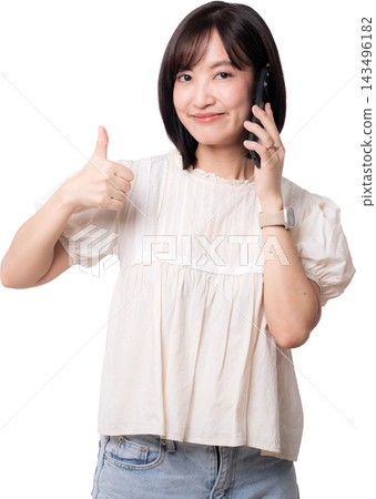 Happy smiling young asian woman holding smartphone talking with artificial intelligence assistant feature showing thumb up gesture isolated on transparency background Happy smiling young asian woman holding smartphone talking with artificial intelligence assistant feature showing thumb up gesture isolated on transparency background 143496182