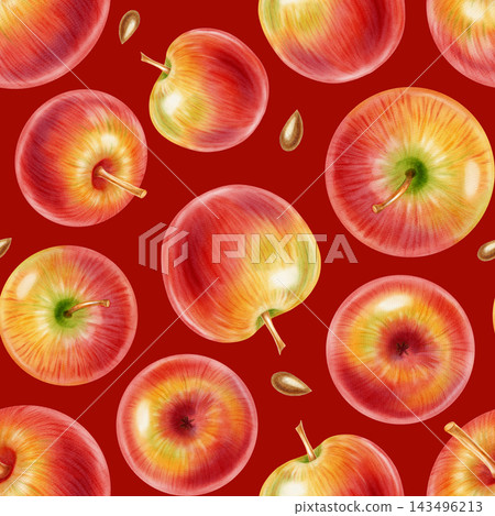 Seamless pattern of hand drawn watercolor whole red apples and seeds. Botanical fruit illustration for kitchen textile, food packaging, fabric, print design. Seamless pattern of hand drawn watercolor whole red apples and seeds. Botanical fruit illustration for kitchen textile, food packaging, fabric, print design. 143496213