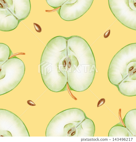 Seamless pattern of hand drawn watercolor green apple halves and seeds. Botanical fruit illustration for kitchen textile, food packaging, fabric, print design. 143496217