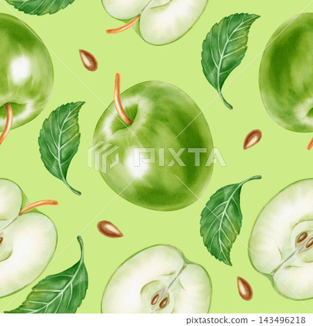 Hand drawn watercolor seamless pattern with whole green apples, leaves, slices, and seeds. Botanical fruit illustration for kitchen textile, food packaging, fabric, print design. Hand drawn watercolor seamless pattern with whole green apples, leaves, slices, and seeds. Botanical fruit illustration for kitchen textile, food packaging, fabric, print design. 143496218
