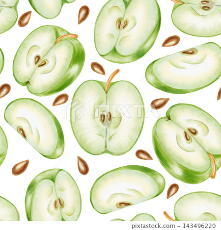 Hand drawn watercolor seamless pattern with whole green apples, leaves, slices, and seeds. Botanical fruit illustration for kitchen textile, food packaging, fabric, print design. Hand drawn watercolor seamless pattern with whole green apples, leaves, slices, and seeds. Botanical fruit illustration for kitchen textile, food packaging, fabric, print design. 143496220