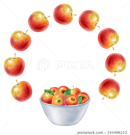 Watercolor red apple wreath with whole fruits, slices, blossoms, green leaves,pink ribbon bow. Perfect for product logo, posters, packaging, textile, market advertising, label, card Watercolor red apple wreath with whole fruits, slices, blossoms, green leaves,pink ribbon bow. Perfect for product logo, posters, packaging, textile, market advertising, label, card 143496223