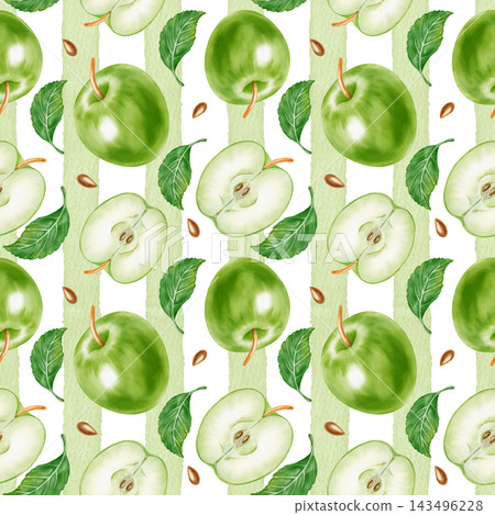 Seamless watercolor green apple pattern with slices, seeds and leaves on striped background. Hand drawn botanical fruit illustration for cider, juice packaging, kitchen textile, wallpaper. Seamless watercolor green apple pattern with slices, seeds and leaves on striped background. Hand drawn botanical fruit illustration for cider, juice packaging, kitchen textile, wallpaper. 143496228