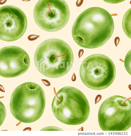 Hand drawn watercolor seamless pattern with whole green apples, leaves, slices, and seeds. Botanical fruit illustration for kitchen textile, food packaging, fabric, print design. Hand drawn watercolor seamless pattern with whole green apples, leaves, slices, and seeds. Botanical fruit illustration for kitchen textile, food packaging, fabric, print design. 143496231