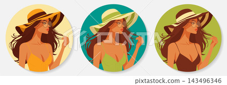 round badges set featuring stylish woman in sun hat vector art round badges set featuring stylish woman in sun hat vector art 143496346