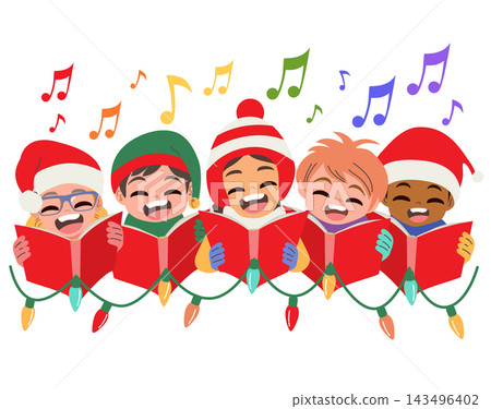Diverse Christmas Carolers Singing with Colorful Musical Notes Diverse Christmas Carolers Singing with Colorful Musical Notes 143496402