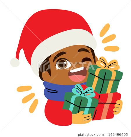 Cute Black Boy Holding Christmas Presents Wearing Santa Hat Cute Black Boy Holding Christmas Presents Wearing Santa Hat 143496405
