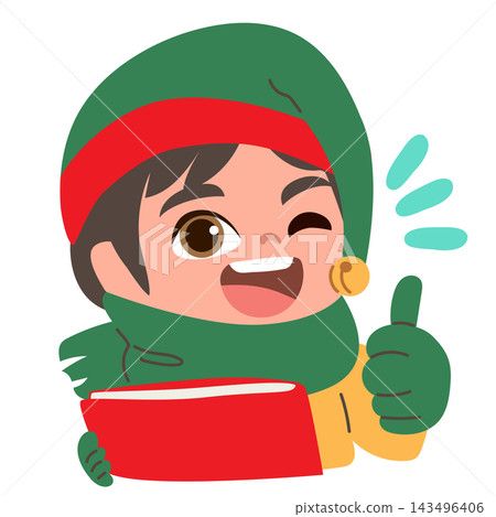 Cute Latino Boy Christmas Helper with Book and Santa Hat Cute Latino Boy Christmas Helper with Book and Santa Hat 143496406