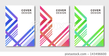 A set of three colored covers featuring a modern design combining geometric patterns and diagonal lines. A set of three colored covers featuring a modern design combining geometric patterns and diagonal lines. 143496600