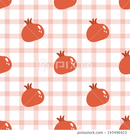 Seamless pattern with pomegranate on a checkered background. Pomegranates and Gingham Background. Seamless pattern with pomegranate on a checkered background. Pomegranates and Gingham Background. 143496923