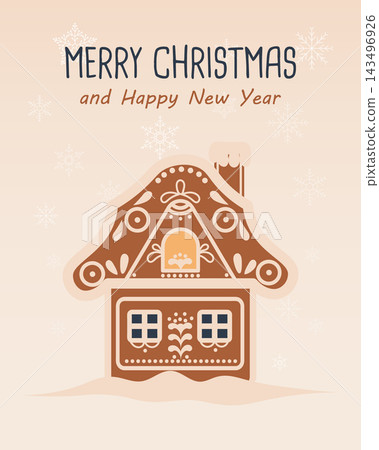 Festive Christmas and New Year card with a cute gingerbread house in the snow. Christmas illustration. Festive Christmas and New Year card with a cute gingerbread house in the snow. Christmas illustration. 143496926