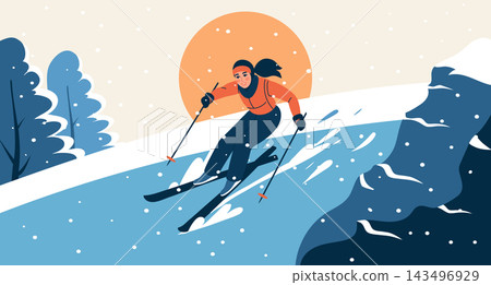 Woman Skier Descending Snowy Mountain at Sunset. Winter sports illustration. Woman Skier Descending Snowy Mountain at Sunset. Winter sports illustration. 143496929