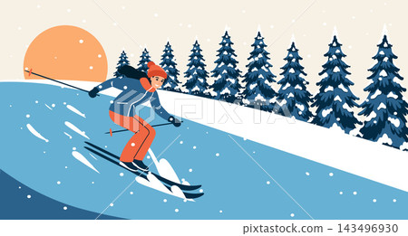 Woman Skier Descending Snowy Mountain at Sunset. Winter sports illustration. Woman Skier Descending Snowy Mountain at Sunset. Winter sports illustration. 143496930