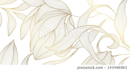 Vector luxury abstract floral pattern with line flowers, leaves, elegant Art Deco elements, Japanese style. Gold ornament on white isolated. Nouveau background, tea packaging, wedding card, spa Vector luxury abstract floral pattern with line flowers, leaves, elegant Art Deco elements, Japanese style. Gold ornament on white isolated. Nouveau background, tea packaging, wedding card, spa 143496963