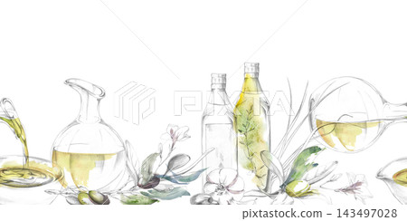 Seamless banner of oil bottle, glass jug, olive foliage, pouring liquid. Hand drawn pencil, watercolor artwork. Specialty food promotions, Mediterranean product catalogs, recipe books, gourmet events. 143497028