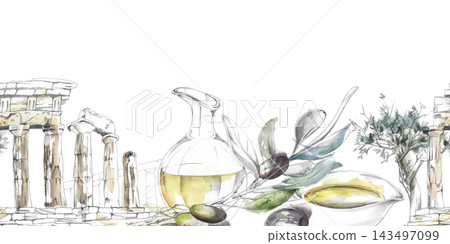 Mediterranean landscape. Roman classical ruins, olive groves, oil jug, fruit branch. Pencil and watercolor seamless banner with gentle washes. Heritage brochures, archaeology exhibitions, book design. 143497099