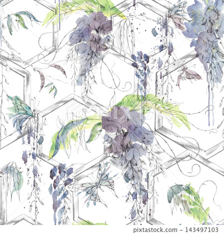 Seamless pattern of flowering wisteria vines creeping on wooden hexagon trellis frames in soft watercolor shades. Hand drawn illustration, pencil shading. Natural cosmetics, bath products packaging Seamless pattern of flowering wisteria vines creeping on wooden hexagon trellis frames in soft watercolor shades. Hand drawn illustration, pencil shading. Natural cosmetics, bath products packaging 143497103