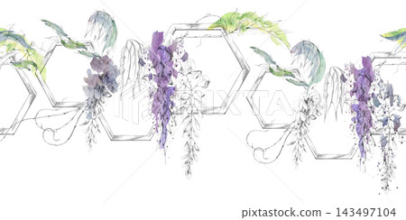 Hexagon trellis elements, wisteria flowers, leaves and vine growth. Seamless banner hand drawn in graphite and loose watercolor splashes. Craft branding, invitation suites, logos, packaging accents. Hexagon trellis elements, wisteria flowers, leaves and vine growth. Seamless banner hand drawn in graphite and loose watercolor splashes. Craft branding, invitation suites, logos, packaging accents. 143497104