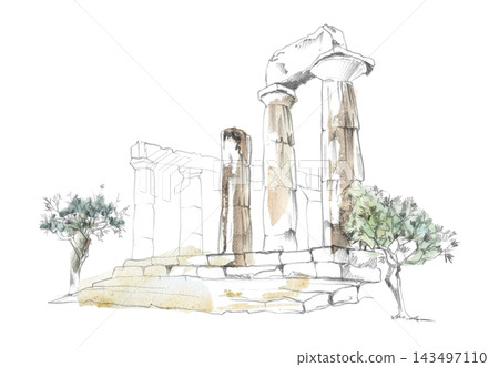 Greek or Roman archaeological site with mature olive grove and weathered architecture. Hand drawn illustration in pencil and watercolor. Museum education, cultural publications, destination guides. Greek or Roman archaeological site with mature olive grove and weathered architecture. Hand drawn illustration in pencil and watercolor. Museum education, cultural publications, destination guides. 143497110