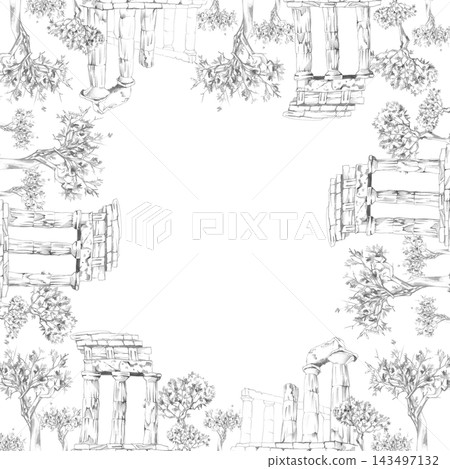 Greek or Roman temple architecture bordered by olive grove elements in square frame. Pencil hand drawn artwork. Educational publications, tourism brochures, exhibition signage, historical branding. Greek or Roman temple architecture bordered by olive grove elements in square frame. Pencil hand drawn artwork. Educational publications, tourism brochures, exhibition signage, historical branding. 143497132
