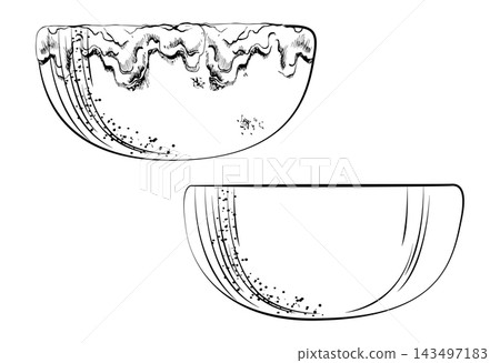 Artisan earthenware flowerpot planter or shallow bowl with smooth body and delicate glaze highlights. Isolated element, hand drawn vector ink. Mood boards, nursery identities, styling presentations. 143497183