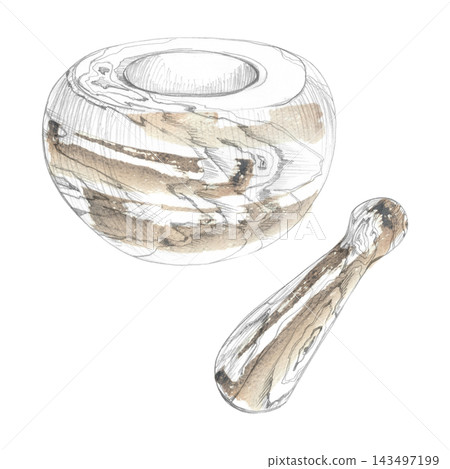 Traditional grinding tool, mortar bowl, pestle with rustic wood texture, handcrafted appeal. Hand drawn pencil and watercolor illustration for spice labels, recipe collections, educational materials. Traditional grinding tool, mortar bowl, pestle with rustic wood texture, handcrafted appeal. Hand drawn pencil and watercolor illustration for spice labels, recipe collections, educational materials. 143497199
