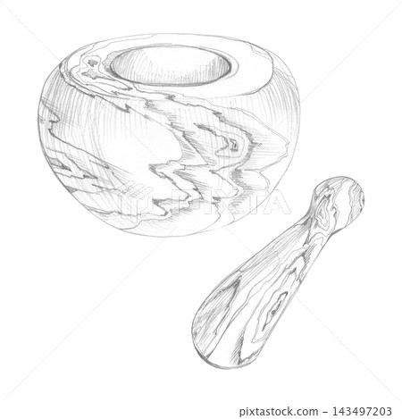 Wooden mortar bowl, pestle with traditional handcrafted character, grain texture. Hand drawn illustration in graphite pencil. Herbal guides, culinary branding, spice packaging, wellness publications. 143497203