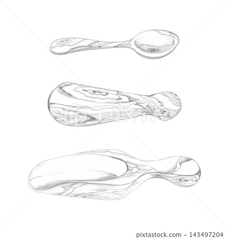 Tasting spoon, spice shovel, grinding pestle. Wooden grain texture hand drawn in detailed pencil linework. Illustration for kitchen decor, botanical references, recipe books, artisan market materials. Tasting spoon, spice shovel, grinding pestle. Wooden grain texture hand drawn in detailed pencil linework. Illustration for kitchen decor, botanical references, recipe books, artisan market materials. 143497204